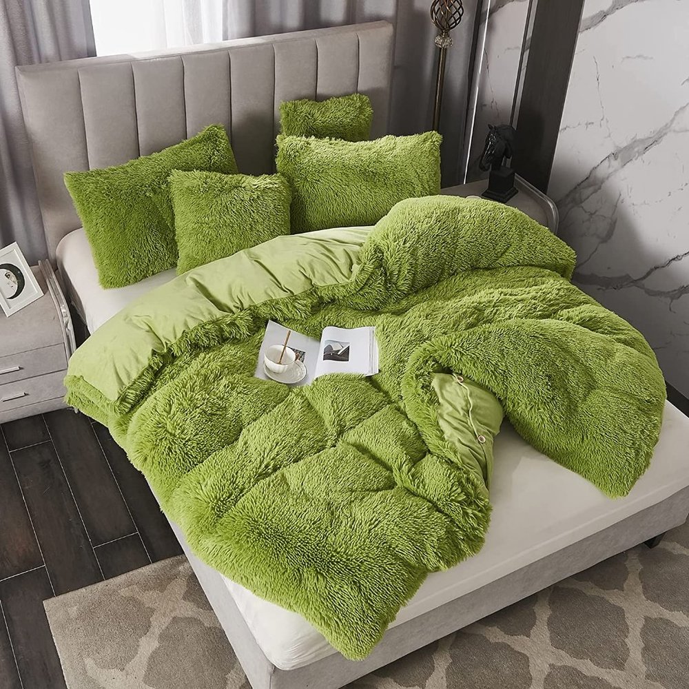 Shaggy Fluffy Faux Fur Duvet Cover Set Button Closure Velvety Bedding Set - Picture 9 of 16